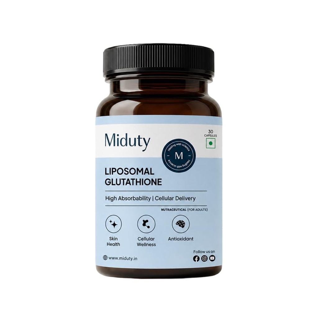 Miduty Liposomal Glutathione 600 mg - Highest Bioavailability & Absorbability - Cellular & Face Health - Helps in Skin Hydration - Liver Health & Detoxification Support - 30 Veg Capsules