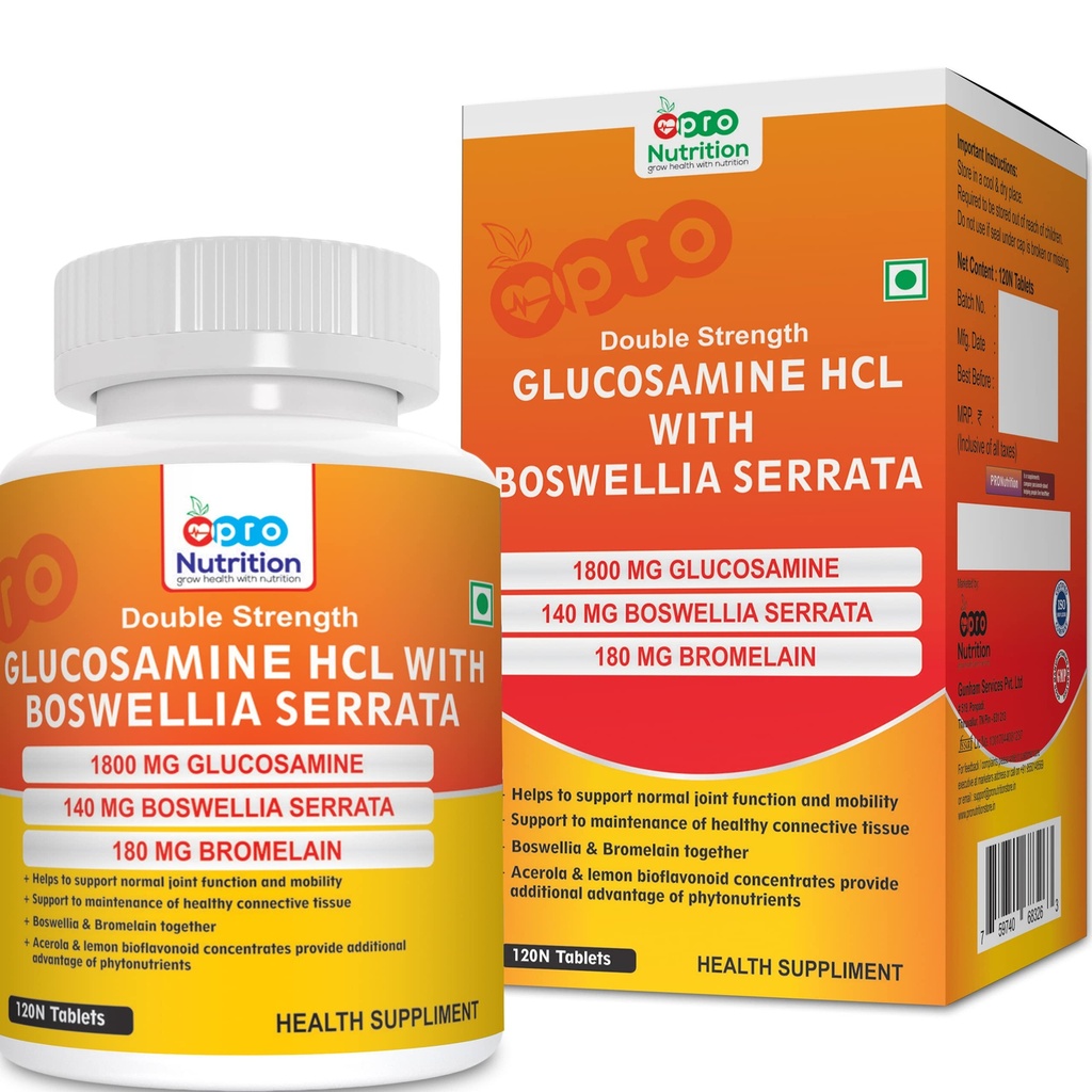 Pronutrition Double Strength Glucosamine HCL 1800 mg with Boswellia Serrata 140 mg & Bromelain 180 mg | Joint Mobility & Flexibility Support | 120 Tablets | Joint Health Supplement for Men & Women