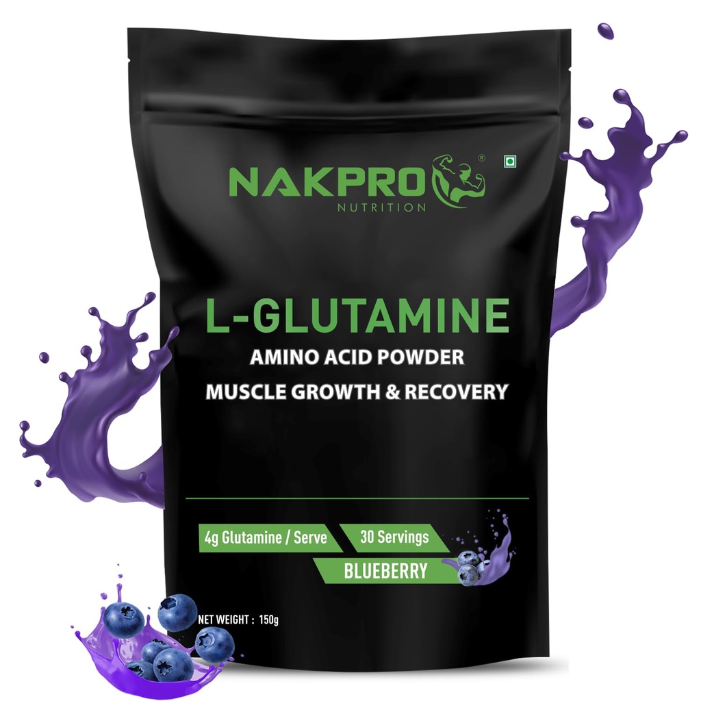 Nakpro L-Glutamine Powder | 4g Glutamine Per Serving, 30 Servings | Post Workout Amino Acid Supplement for Muscle Growth and Recovery (Blueberry, 150g)