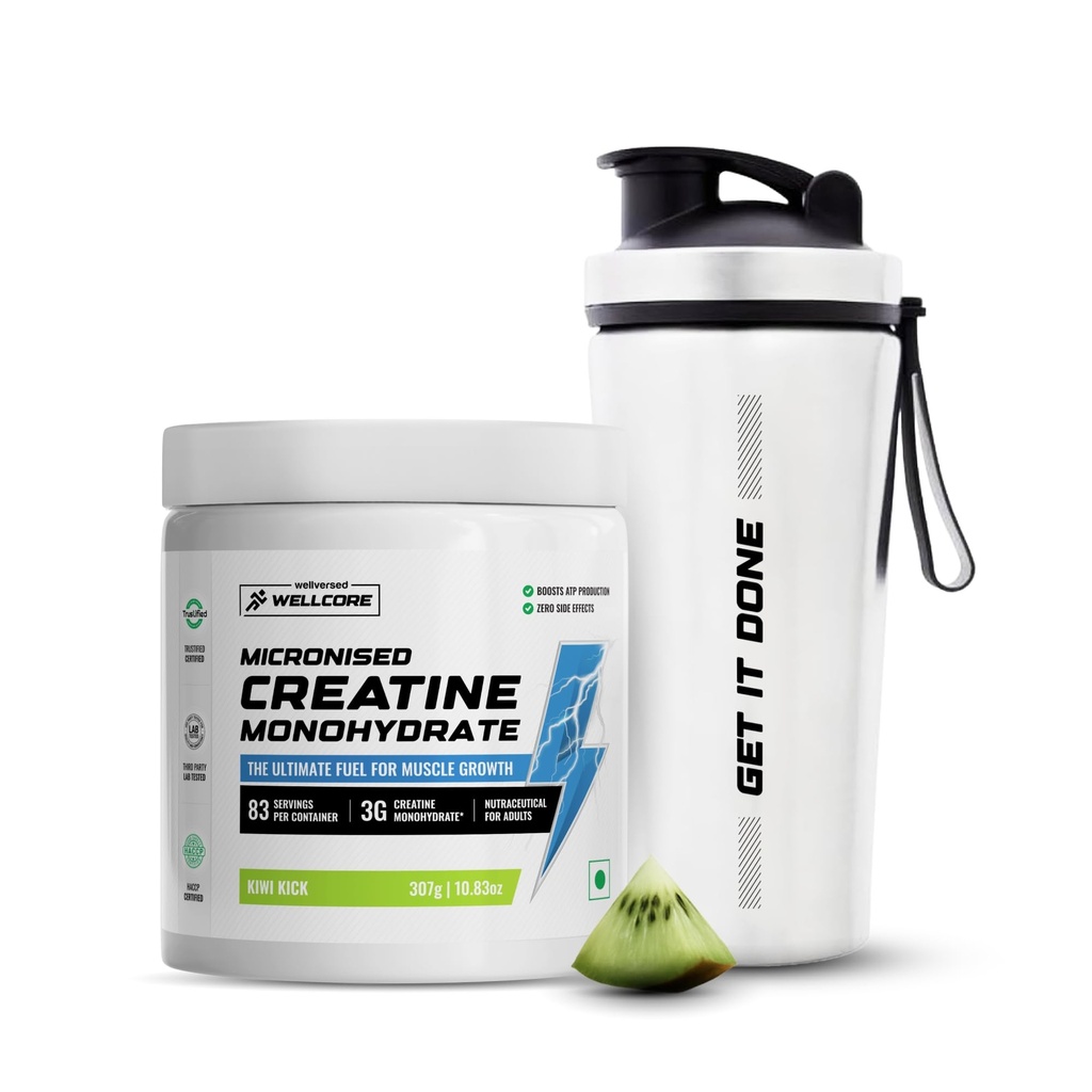 Wellcore Micronised Creatine Monohydrate (Creatine 83, Kiwi Kick) + Premium Steel Shaker | Enhanced Muscle Growth & Fast Recovery | Trustified Certified