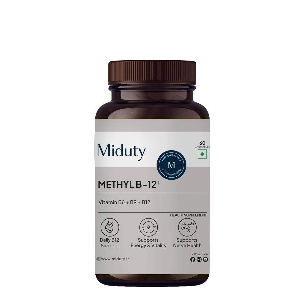 Miduty Vitamin B12 Supplement - Bioactive B-Complex with B6, B9, B12 – Daily Energy Support - Triple Formula for Mood, Brain & Nerve Support – Fast Absorbing Chewable – 60 Veg Tablets