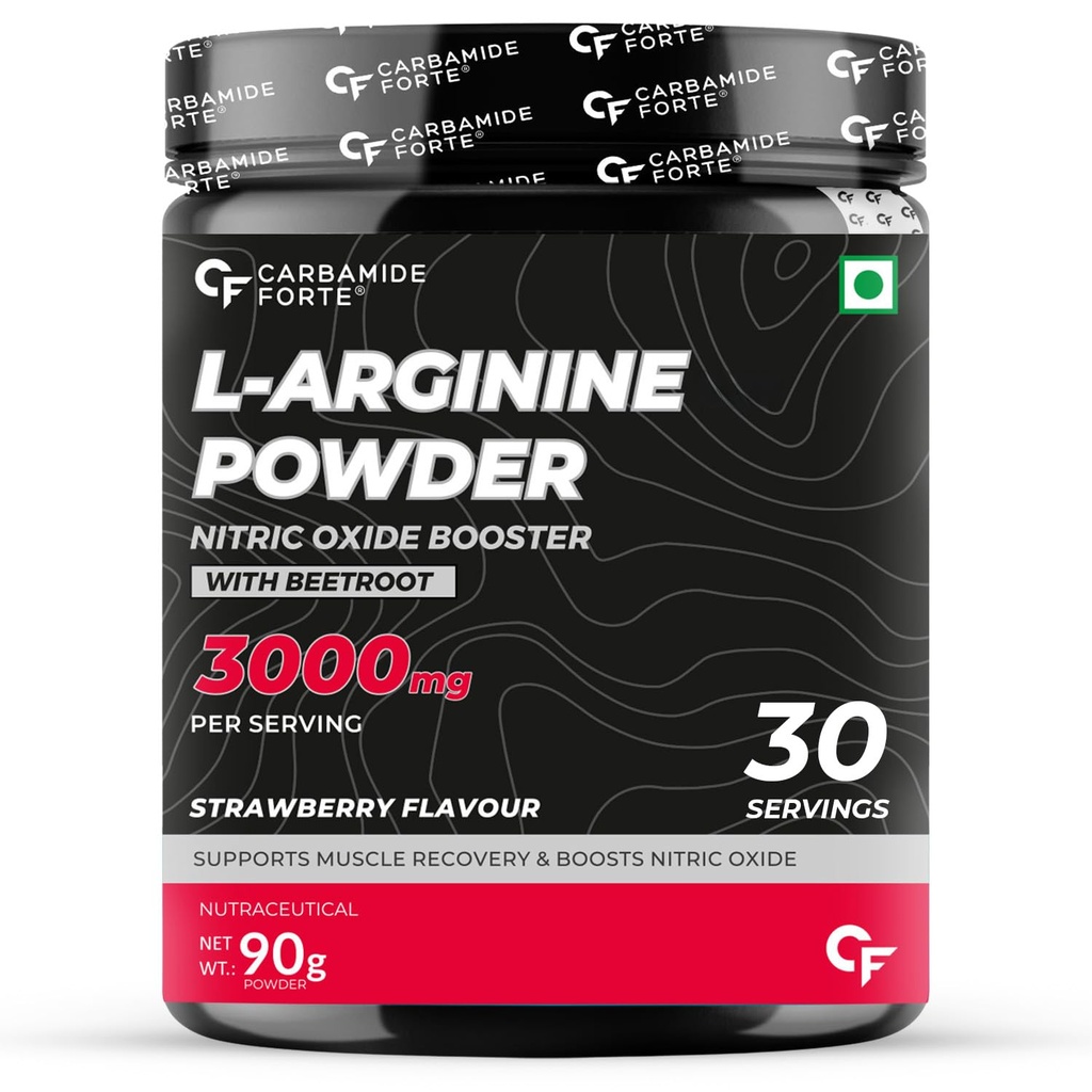 Carbamide Forte L Arginine Powder Supplement 3000mg | Pre-workout for men & women | L Arginine Supplement| Beet Root Powder - Strawberry - 90g