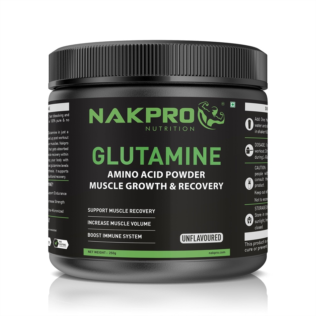 Nakpro L-Glutamine Powder - JAR | 4g Glutamine Per Serving, 50 Servings | Post Workout Amino Acid Protein Supplement for Muscle Growth and Recovery (Unflavoured, 250g)