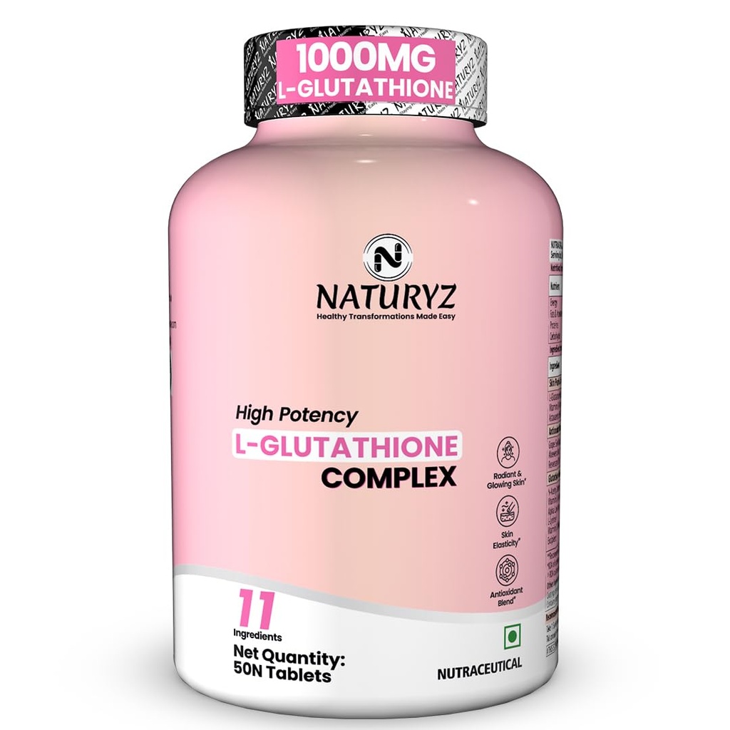 NATURYZ High Potency L-Glutathione 1000mg per serving Glow Supplement for Women & Men | Highest 11 Nutrients | Skin Peptide Complex for Depigmentation | Antioxidant Blend | Glutathione Builder for Radiant & Brightening Skin - 50 Tablets