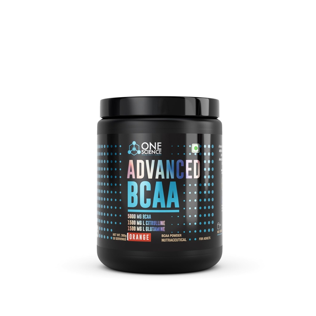 One Science Nutrition Advanced BCAA Powder | 5000mg BCAA, 3000mg L-Citrulline, 3000mg L-Glutamine 300g (30 Servings, Orange)