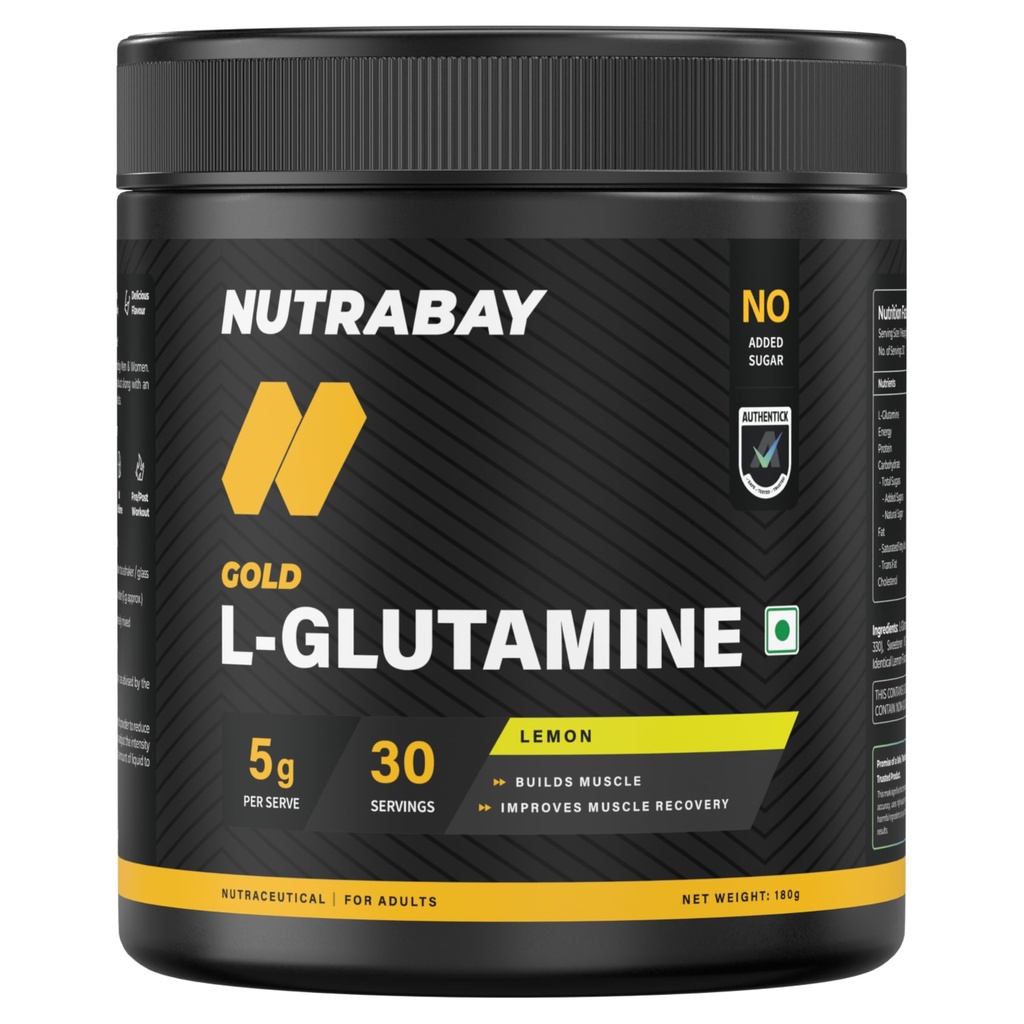 Nutrabay Gold L-Glutamine Supplement Powder 180g, Lemon Flavor – Post Workout Amino Acid for Muscle Growth & Recovery | 100% Authentic Supplement | No Banned Substances | Tested for Purity