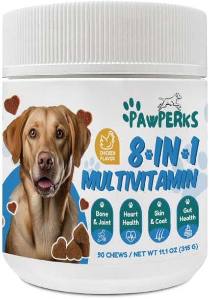 8-in-1 Dog Multivitamin – Glucosamine for Joint Health, Probiotics & Digestive Enzymes – Grain-Free Supplement for Skin, Coat & Immune Support – Chicken Flavor – 90 Chews