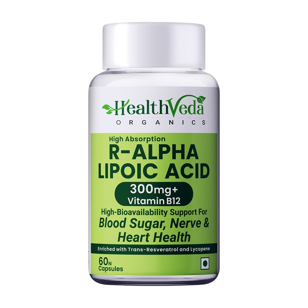 Health Veda Organics R-Alpha Lipoic Acid 300 mg with Vitamin B12, Trans-Resveratrol & Lycopene | High Absorption ALA for Blood Sugar, Nerve & Heart Health Support | 60 Veg Capsules