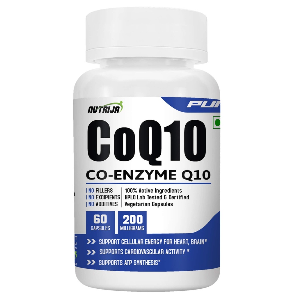 NutriJa CoQ10 (Co-Enzyme Q10) 200mg - 60 Veg Capsules | With Bioperine for Enhanced Absorption | Heart & Brain Health Support | Pure Co-Enzyme Q10