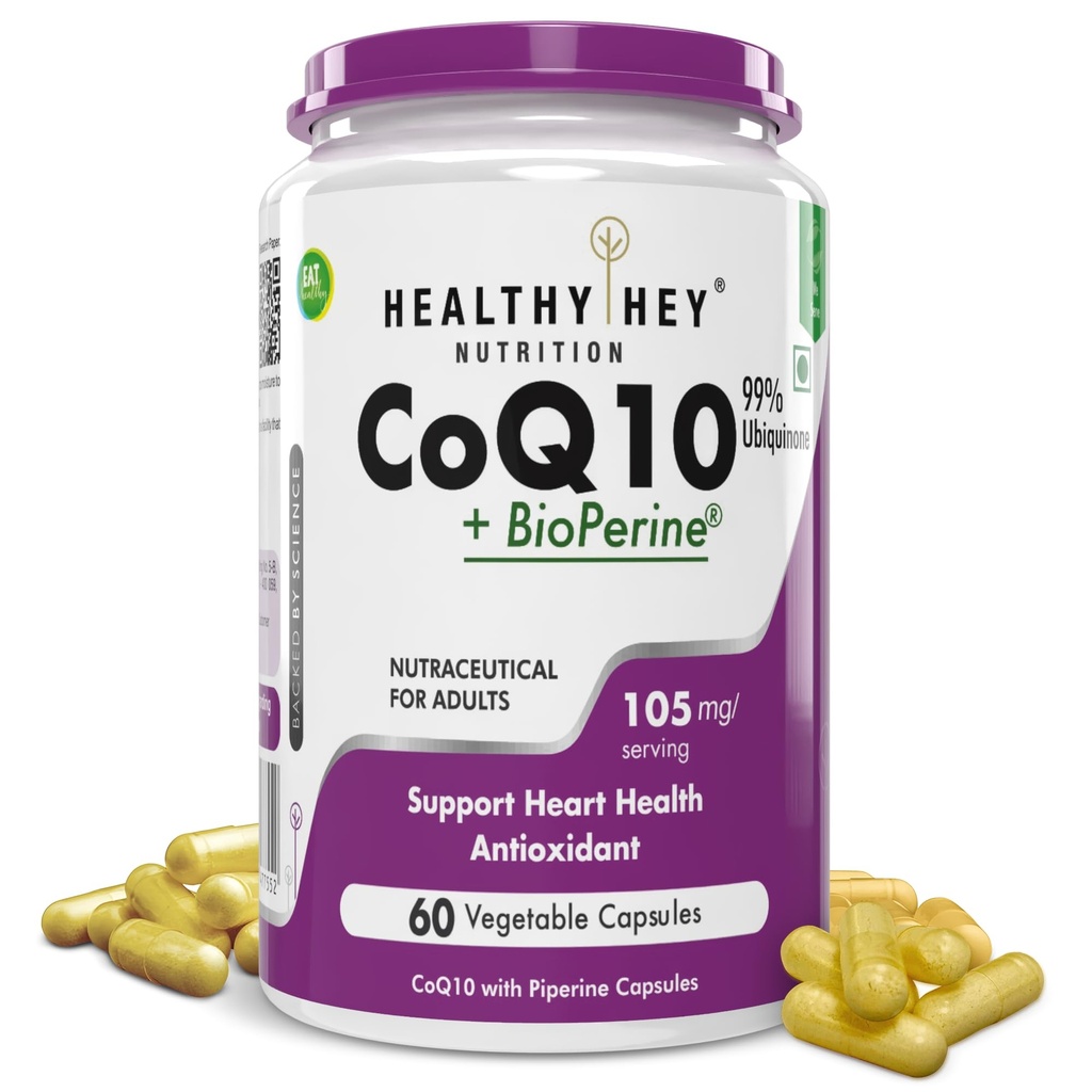 HealthyHey Nutrition CoQ10 105mg with Bioperine -Supports Heart Health - 60 Veg Capsules