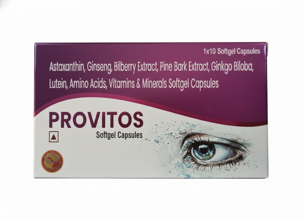 Provitos Softgel Capsules | Astaxanthin | Ginseng | Ginkgo Biloba | Lutein | Multivitamin & Antioxidant Supplement for Eye Health | Brain Support & Energy | 10 Softgels