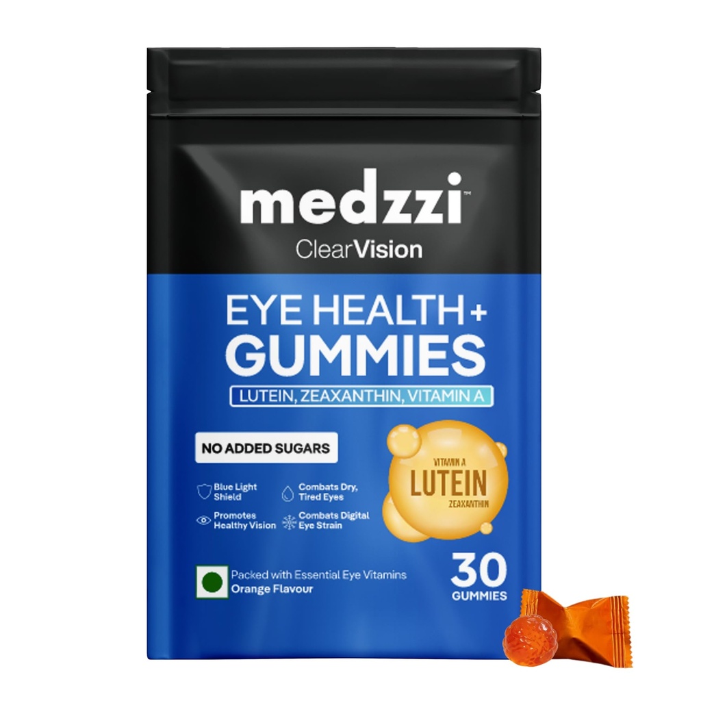 Eye Gummies by medzzi Clear Vision | Lutein & Zeaxanthin Supplement for Eyes | With Bilberry, Lycopene & Vitamins A, C, E | Reduces Digital Strain and Fatigue from High Screen Time | Orange Flavour | 30 Veg Gummies