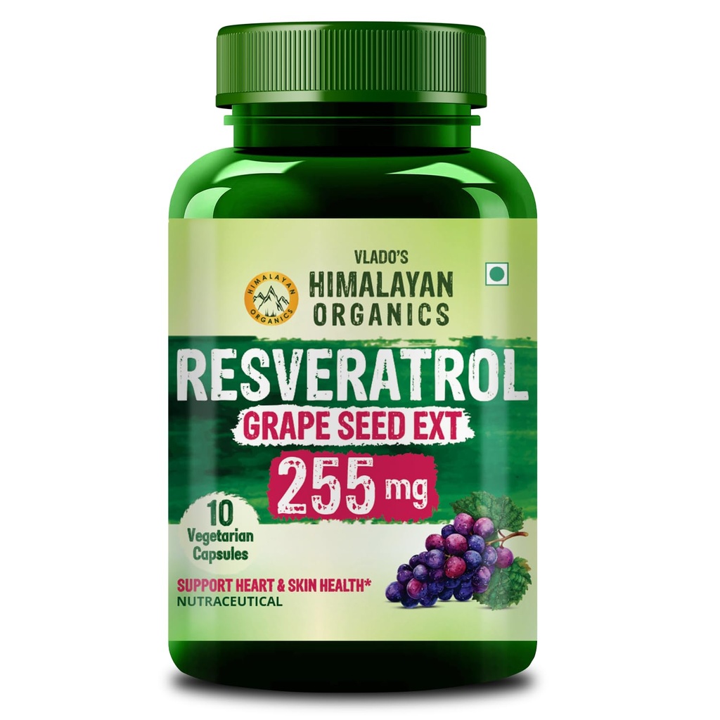 Vlado’s Himalayan Organics Resveratrol 255mg with Grape Seed Extract Supplement - 10 Veg Capsules