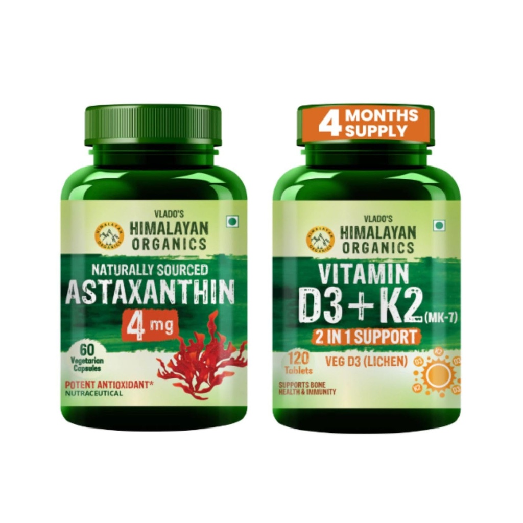 Vlado's Himalayan Organics Astaxanthin 4mg + Plant-Based Vitamin D3 K2 MK7 600 IU | Antioxidant, Eye, Skin, Bone & Daily Wellness Support | Veg Supplement Combo