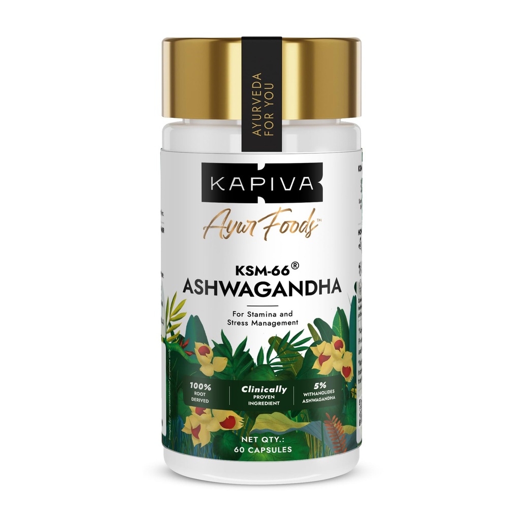 Kapiva KSM-66 Ashwagandha (500mg) | Clinically Proven with 5% Withanolides | 100% Root Extract | Supports Cortisol Balance, Strength & Vitality | Natural Stress Relief | 60 Veg Capsules