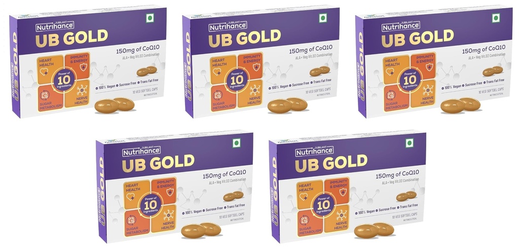 UB Gold Coenzyme Q10 (CoQ10) 150mg Supplement 100% Vegan Softgel |ALA Vit B12 D3 (10 Capsules) x Pack of 5