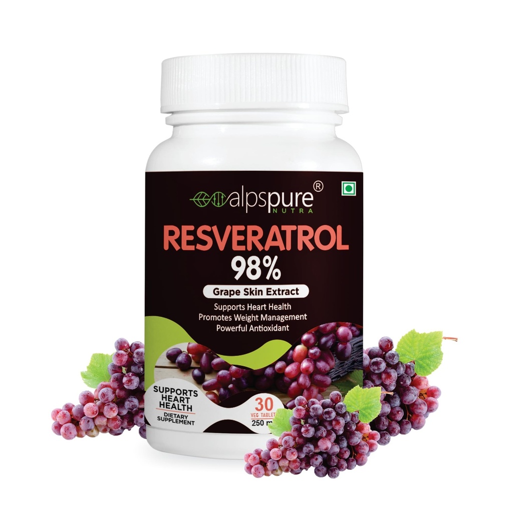 Alpspure Nutra Resveratrol 98% (Grape Skin Extract), 30 Tablets |Supports Heart Health and Weight Management | Powerful Natural Antioxidant | Anti-ageing & Anti-inflammatory | For Men & Women
