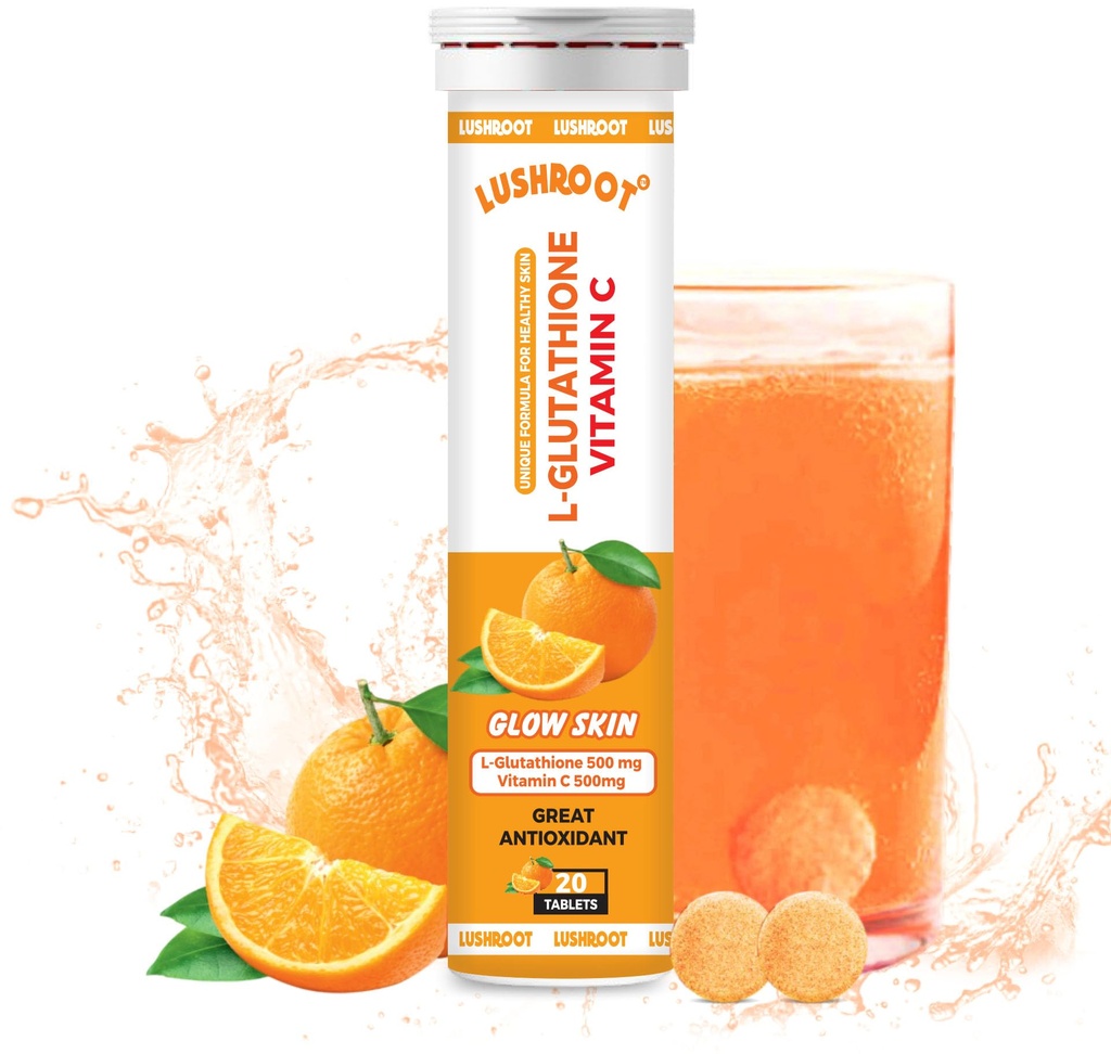 Glutathione Effervescent Tablets | L-Glutathione 500mg + Vitamin C 500mg | Skin Radiance Support, Antioxidant Boost, Detox & Immunity | Fast-Absorbing Orange Flavor | 20 Tablets | Pack of 1