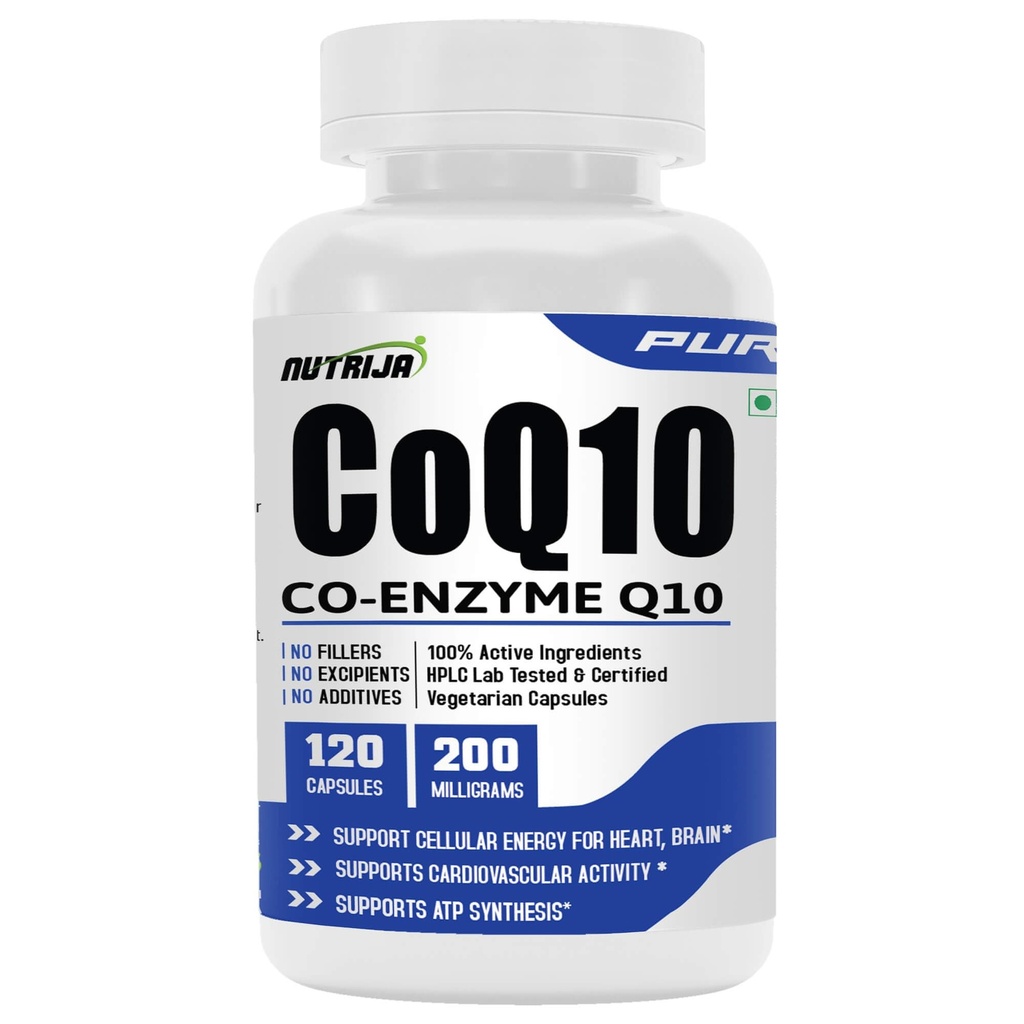 NutriJa CoQ10 (Co-Enzyme Q10) 200mg with BioPerine 10mg | CoQ10 Supplement for Heart, Brain & Cellular Energy Support | Pure Co-Enzyme Q10 | 120 Vegetarian Capsules
