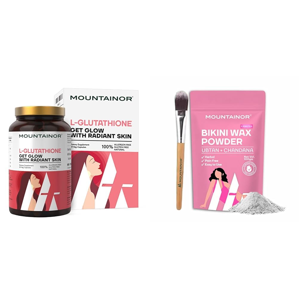 MOUNTAINOR L- Glutathione for Skin Whitening 1000mg With Grapeseed, Vit C,E, Hyaluronic Acid, Biot | MOUNTAINOR Bikini Wax Powder, Painless Non Strips 10 Min for Women with Chandan & Aloevera | Herba