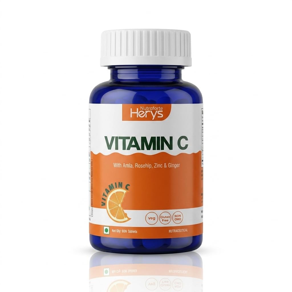 Herys Nutraforte Vitamin C Supplements with Amla & Ginger Extract, Rosehip, Zinc For Immunity & Skincare | Vitamin C Tablets | Vitamin C Supplements - 60 Tablets