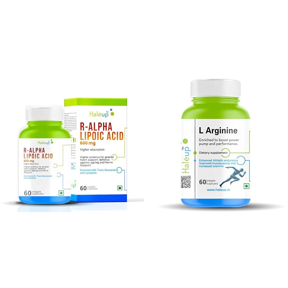 Haleup Alpha Lipoic Acid, 600 mg II Enriched with Lycopene & Resveratrol || Healthy Liver || Heart | Haleup L-Arginine 1000 mg Veg Capsules (Pack of 1 (60 Caps))