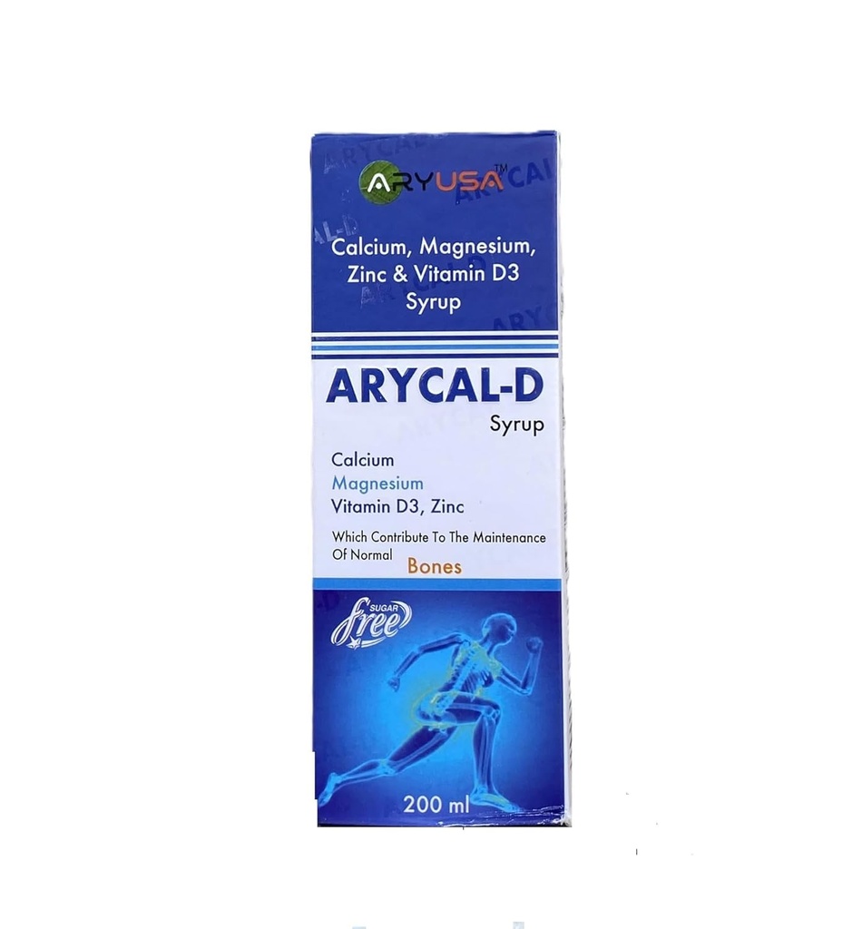 ARYCAL-D Syrup with Calcium, Magnesium, Zinc & Vitamin D3, Sugar-Free, Bone Health, 200 ml (Pack of 2)