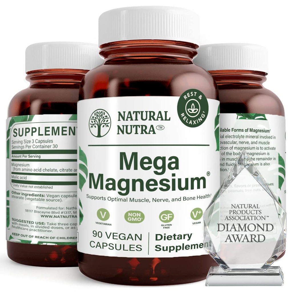 Natural Nutra Mega Magnesium 400mg Supplement - High Absorption Amino Acid Chelate, Better Vibes, Citrate, Malate Blend for Muscle Growth, Bone Strength, Heart Health, Nerve Support - 90 Capsules