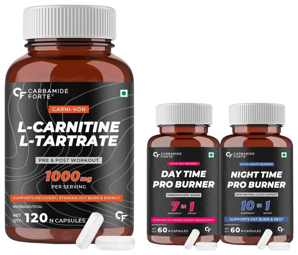 Carbamide Forte L-Carnitine L-Tartrate 1000mg Pre Workout Supplement - 120 Veg Capsules & Night & Day Fat Burner for Men & Women | 24-Hour Metabolic Support & Weight Loss Support - 60 Capsules Each