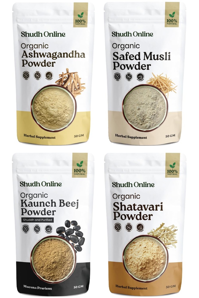 Shudh Online Safed Musli, Ashwagandha, Kaunch, Shatavari Powder Combo (Pack of 50 grams x 4 combo)