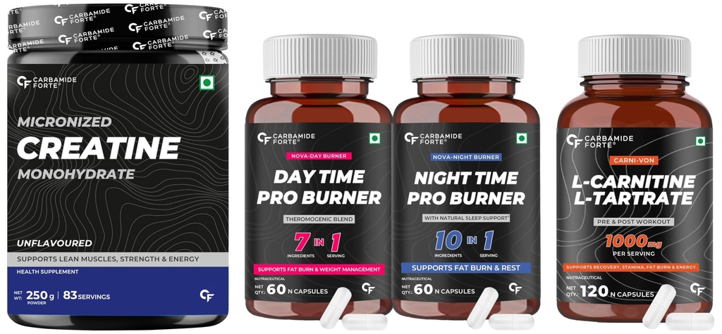 Carbamide Forte L-Carnitine L-Tartrate 1000mg |Pre Workout Supplement & Night & Day Fat Burner - Weight Loss Support & Creatine Monohydrate Supplement for Lean Muscle|Powder