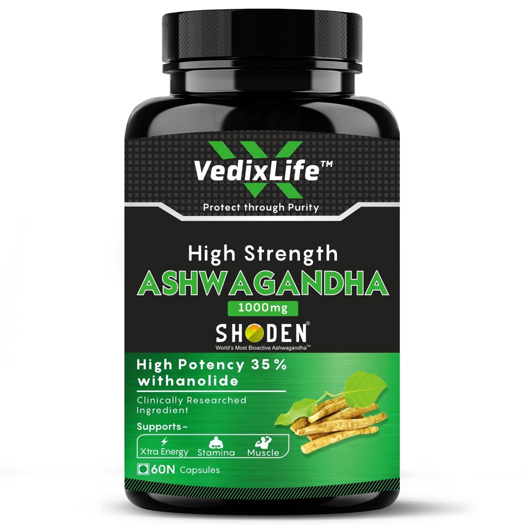 Ashwagandha Root Extract (Shoden®) – Clinically Proven 35% Withanolide Glycosides, Natural Stress Relief, Brain Support, Memory Booster, Focus & Mind Clarity Supplement | 60 Capsules