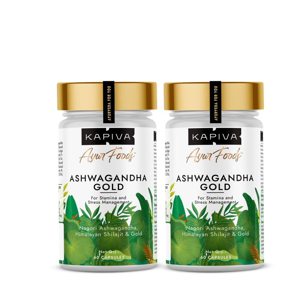 Kapiva Ashwagandha Gold Capsules, 183rd day harvested Potent Nagori Ashwagandha With Gold, Shilajit | Helps in Stress Management, Improve Energy and Stamina | For Men & Women (60 Capsules) - Pack of 2