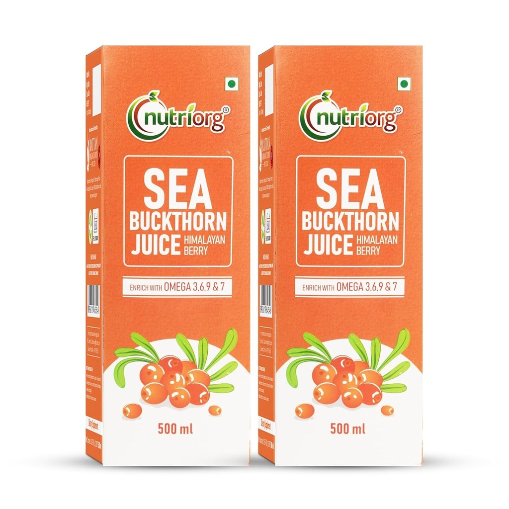 Nutriorg Pure Sea Buckthorn Juice Concentrate Pulp 1L (500ml*2) | Cold Pressed | 100% Himalayan Berry Pulp | Omega 3,6,7,9 & Vitamin C | Best for Immunity & Antioxidant Rich | Makes 50 Glasses | No Added Sugar & Colour