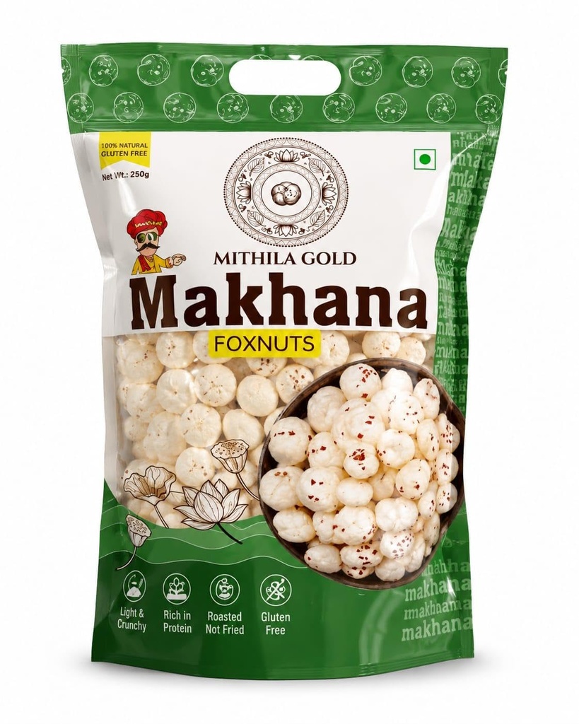 MITHILA GOLD Makhana | Foxnuts, Gluten Free, Rich in Protein, Plain, 250g, | Pack of 1 | New