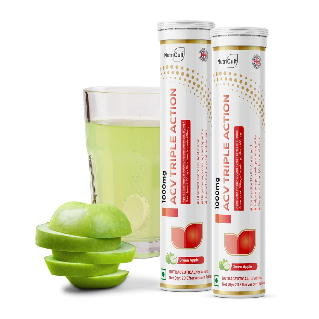 Apple Cider Vinegar Effervescent Tablet 1000mg with The Mother Green Tea Extract, Green Coffee & Chromium Picolinate | ACV Tablets for Metabolism Support (40 Tablets (Pack of 2))