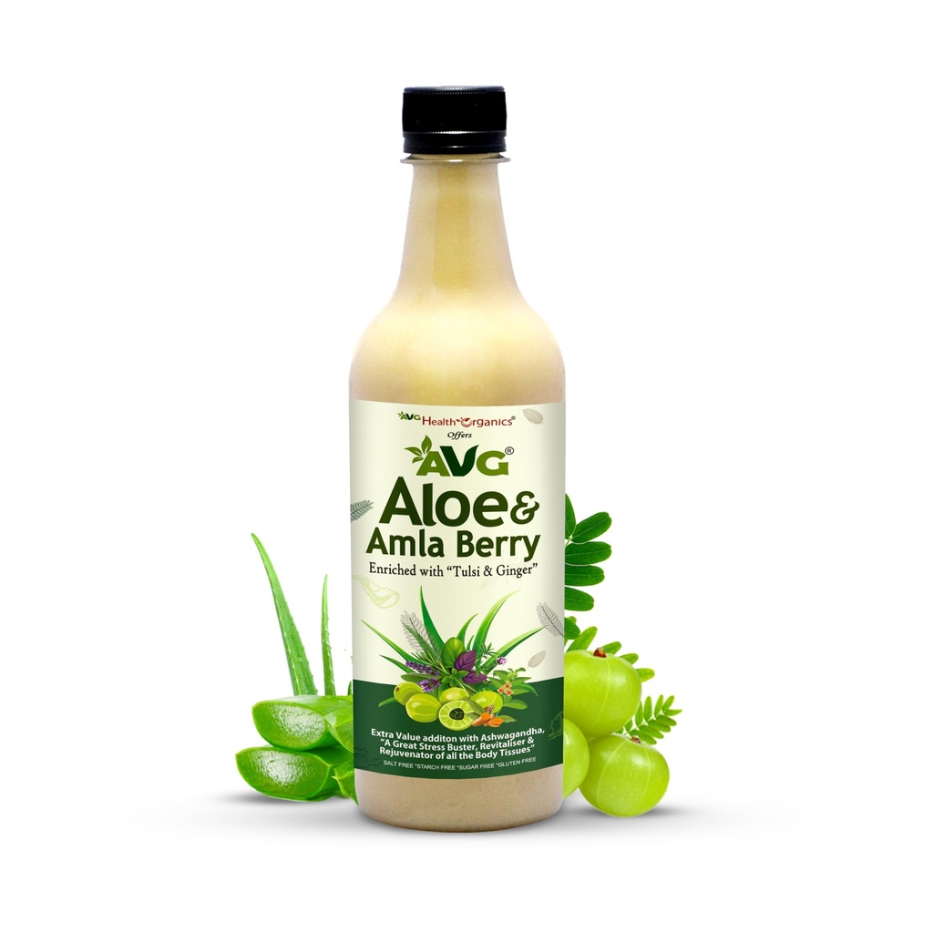 AVG Health Organics AVG Aloe and Amla Berry Green Juice Enriched with Ginger, Tulsi and Ashwagandha - Great Stress Buster , Sugar Free -500 ml