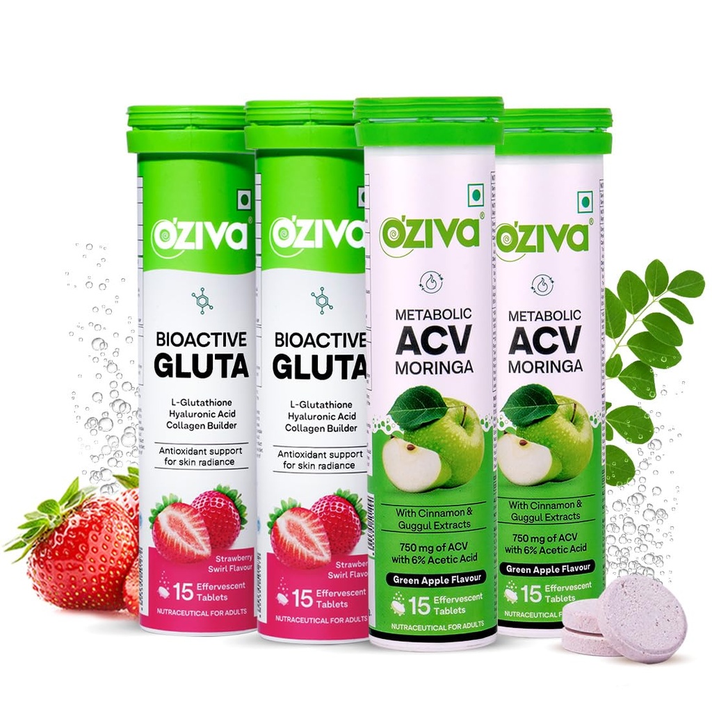 OZiva ACV Moringa| Control Cravings | Green Apple (Pack of 2) and OZiva Bioactive Glutathione Tablets for Radiant Skin - (Pack of 2), Strawberry