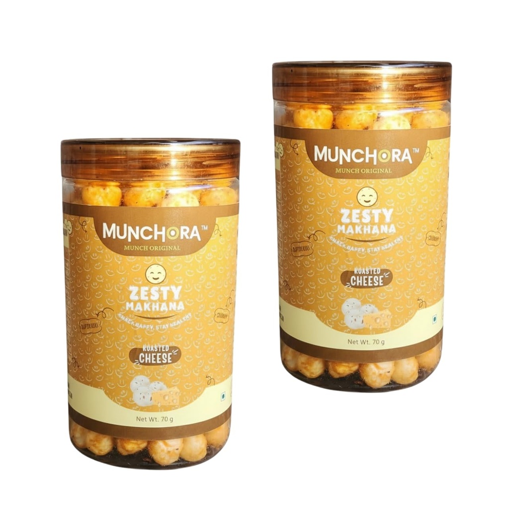 Munchora Premium Zesty Cheese Makhana - 140g | Roasted, Not Fried | Healthy Snack | No Preservatives | Cholesterol Free | Gluten Free | Rich In Protein & Fiber | Ready-to-Eat Snack | (70g x 2 Packs)