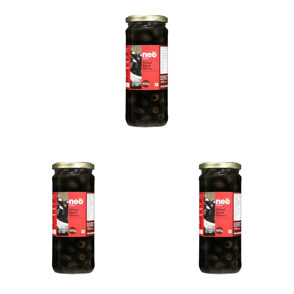 Neo Pitted Black Olives 450g l 1 Jar l Low Fat Ready-to-Eat Healthy Snack, Source of Fibre l Enjoy as Topping for Pizza & Pasta l 450g (Pack of 3)