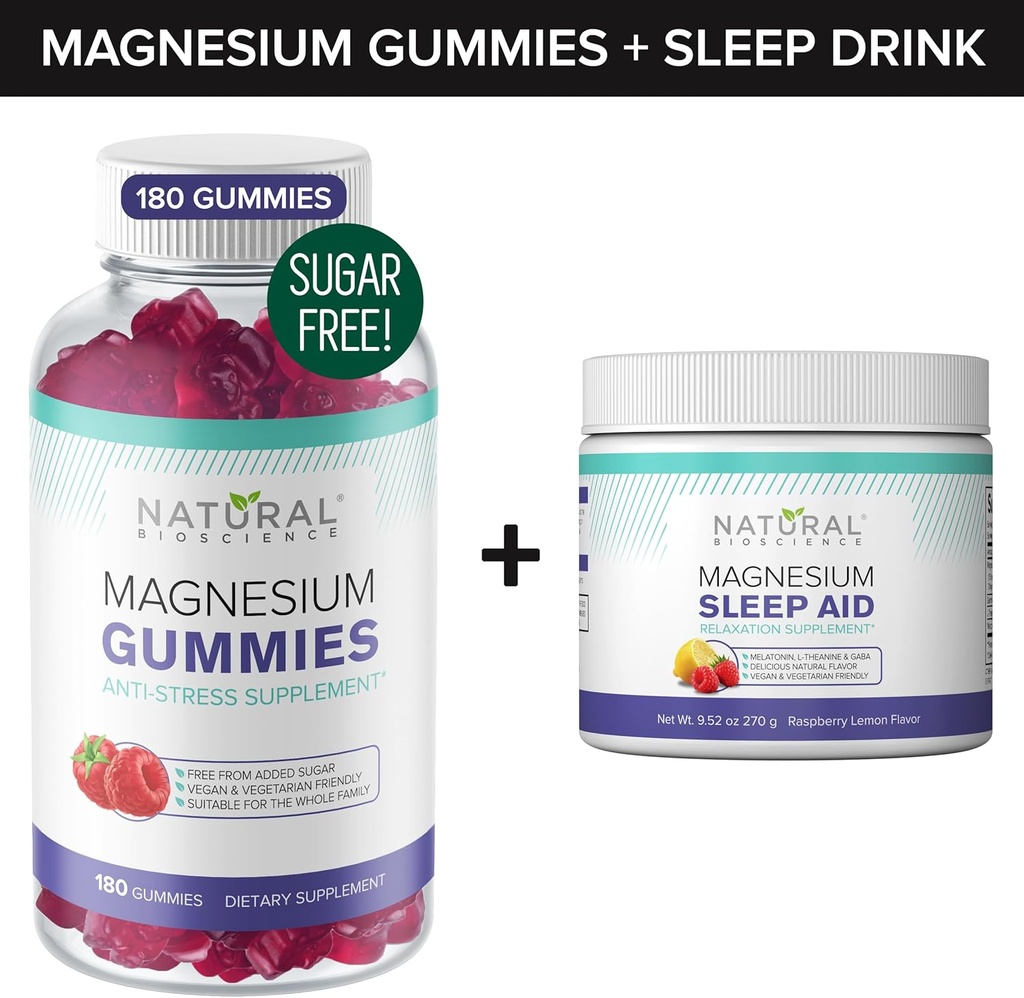 Sugar-Free Magnesium Gummies (180 Gummies) and Magnesium Night Time Powder with Magnesium Citrate, Melatonin, L-Theanine and GABA - Vegan, Gelatin-Free, Gluten-Free, Non-GMO