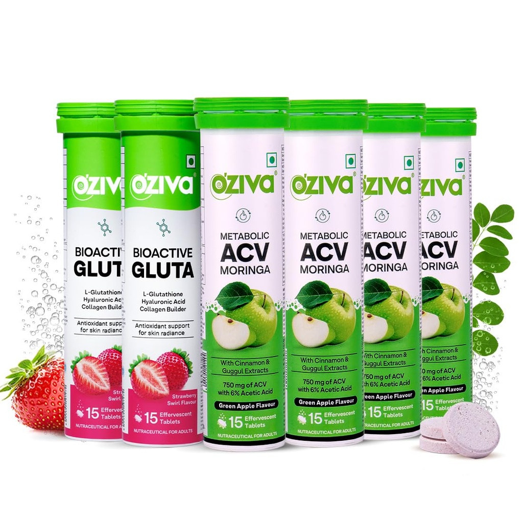 OZiva ACV Moringa| Control Cravings | Green Apple (Pack of 4) and OZiva Bioactive Glutathione Tablets for Radiant Skin - (Pack of 2), Strawberry