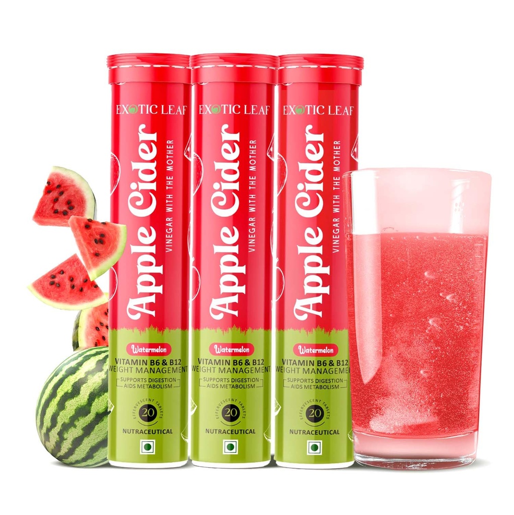 Apple Cider Vinegar Effervescent Tablets with Watermelon Flavour | With the Mother | Supports Detox, Digestion & Weight Management – 20 Tablets Pack of 3