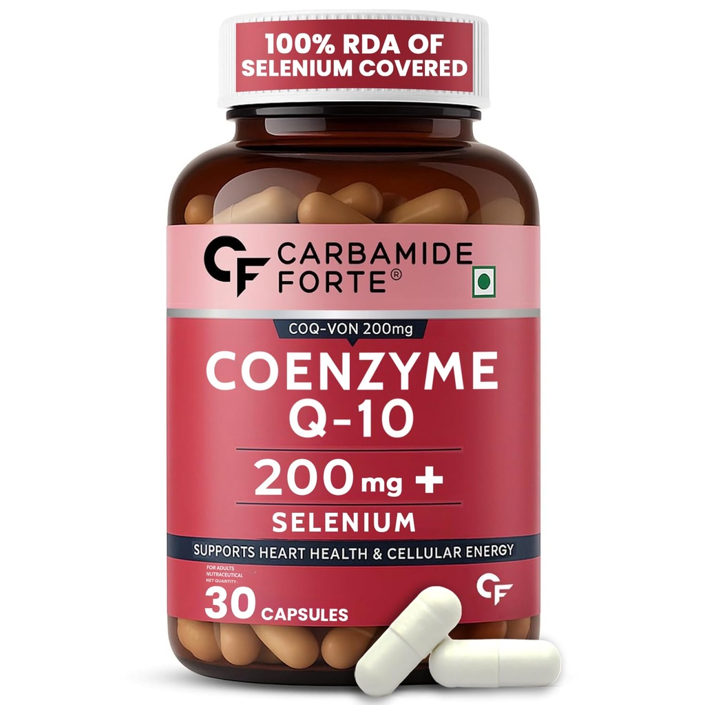 Carbamide Forte Coenzyme Q10 | CoQ10 Supplement 200mg with Selenium 40mcg | Coq10 Ubiquinol Supports Heart Function, Energy Production & Skin Health | 100% Vegetarian – 30 Capsules