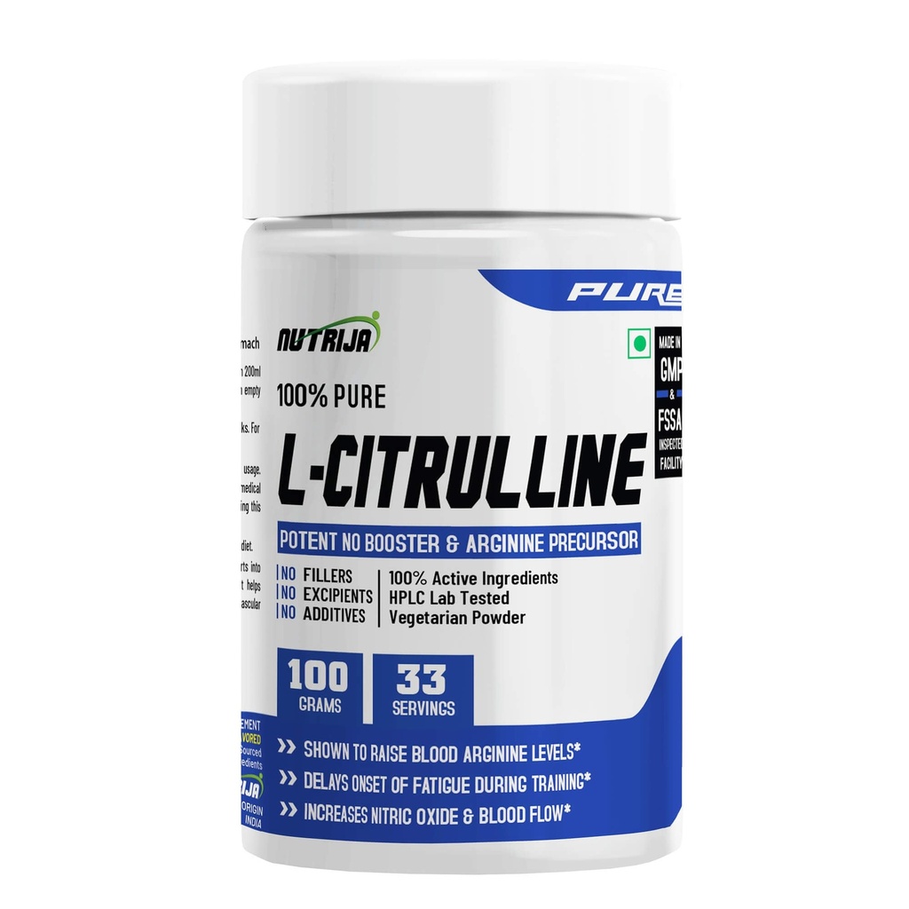 NutriJa L-Citrulline Powder - 100g | Pure L-Citrulline 3000mg Free Form Amino Acid | Pre Workout Supplement for Gym, Training & Sports Nutrition | Unflavoured - 33 Servings