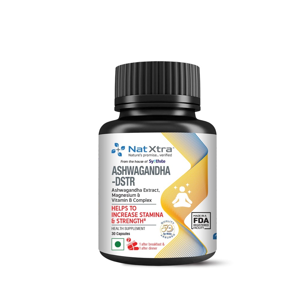 Natxtra Ashwagandha-DSTR | Stress Relief & Stamina Booster | Withanolides, Magnesium, & B Vitamins | Improves Strength, Reduces Stress, Promotes Mental Well-being | 30 Vegetarian Capsules