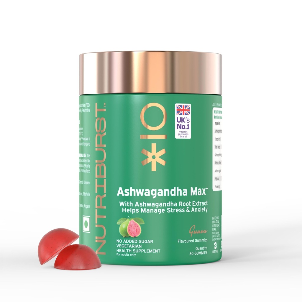 Nutriburst Ashwagandha Max 500mg Gummies for Stress and Anxiety Relief | Vigour, Energy, Power & Stamina | Relax Refresh Mind & Body | Guava Flavor Gummies, No added sugar| 30 Gummy