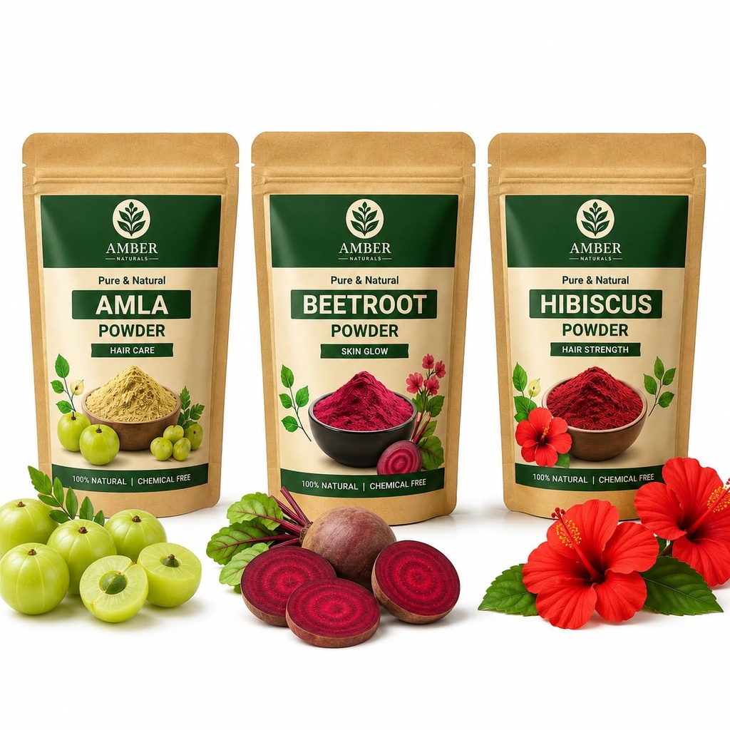 Herbal Powder Combo Pack, Amla, Beetroot & Hibiscus Powder, 100% Pure & Natural, Chemical Free, for Hair & Skin Care