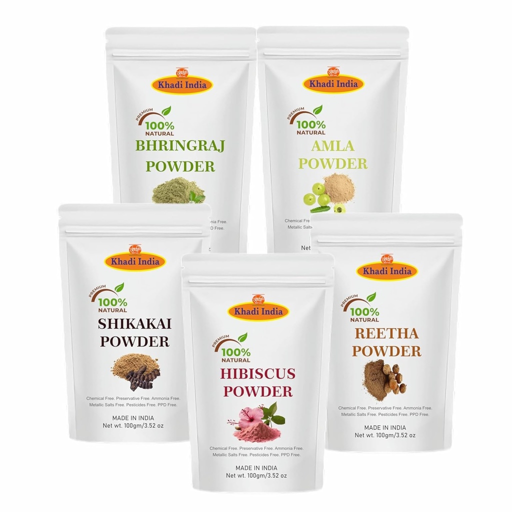 Khadi 100% Herbal Pure Amla Reetha Shikakai, Bhringraj and Hibiscus Powder for Hair |Hibiscus Powder/gudhal powder/gudhal fool powder (Pack of 5,100g each,Total 500g Pack)