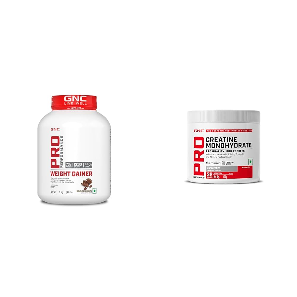 GNC Pro Performance Weight Gainer (Double Chocolate, 3 KG)| 73g Protein | 440g Carbs | 2200 Cal & GNC Pro Performance Creatine Monohydrate, (Unflavoured, 100 grams Powder) COMBO
